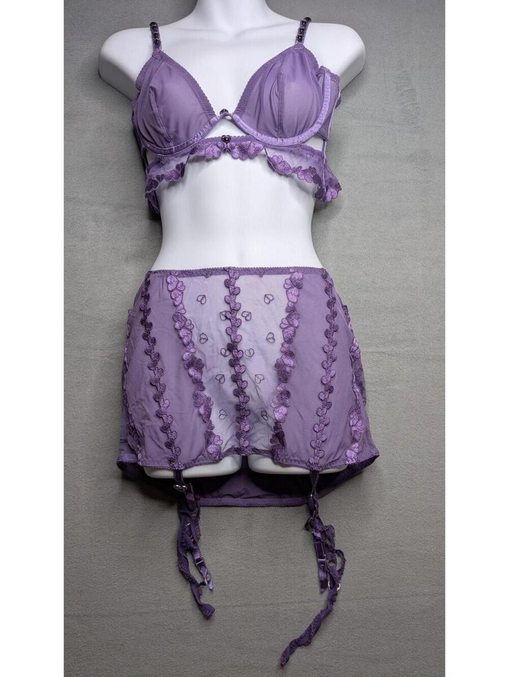 Voight Bralette Bra Set Womens M Purple Mesh Heart Lace Sheer Unlined Unpadded